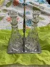 Vintage Anchor Hocking Clear Glass Oil & Vinegar Bottles on Silver Plated Tray!