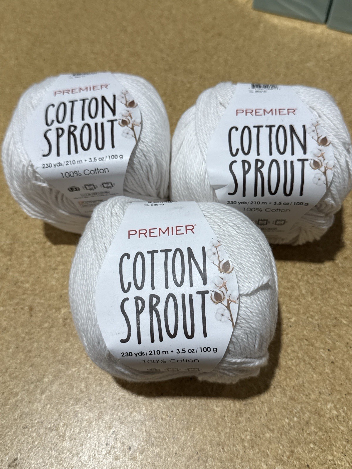 Premier Cotton Sprout Yarn – 3 Skeins, White, 100% Cotton, 230 yds Each