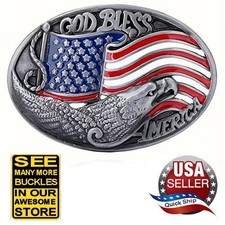   God Bless America  Eagle Sivertone Belt Buckle   Red White Blue American Flag