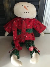 Primitive Snowman Doll Vintage Fabrics Red Green