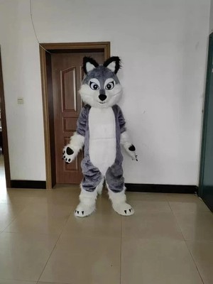 Grey White Long Fur Furry Husky Dog Wolf Fox Fursuit Mascot Costume Adult