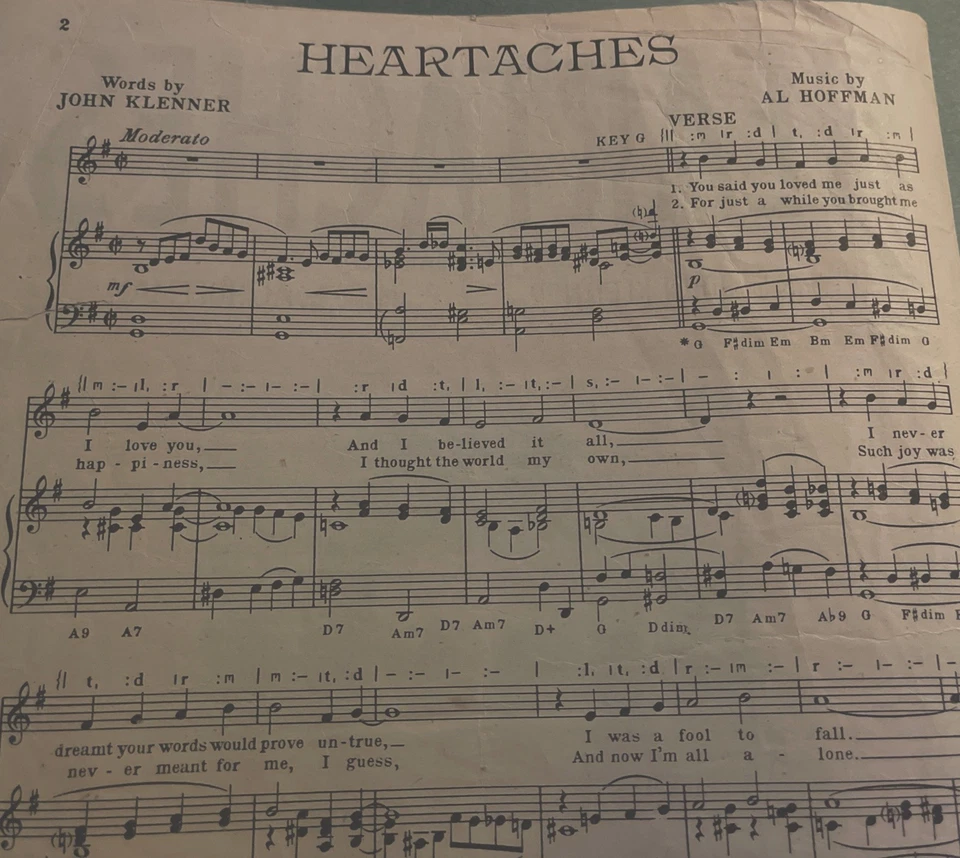 “HEARTACHES” - Sheet Music. A Terrific Old Music Copy! - Image 2 of 2