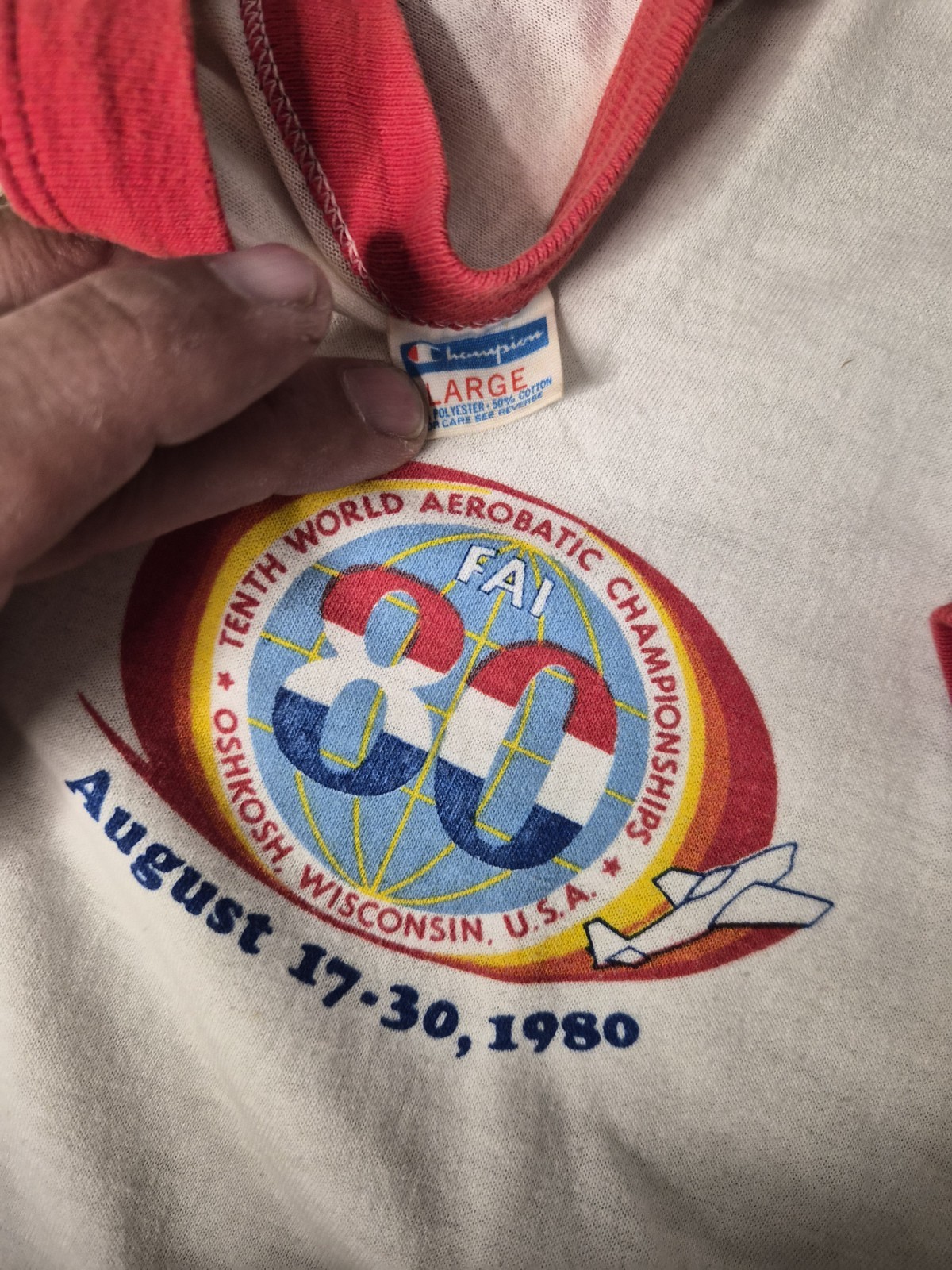 Vintage BLUE BAR CHAMPION TAG 1980s Osh Kosh Wisconsin AEROBATIC   Championships