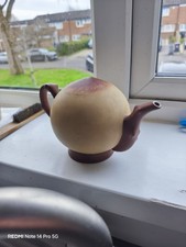 Vintage Chinese Yixing Zisha Puzzle Teapot Peach Form Twig Handle Slip Painted