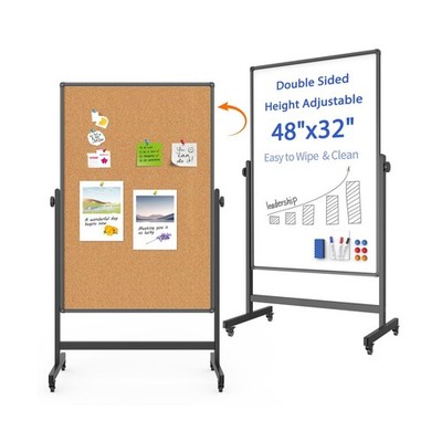 Double-Sided Whiteboard and Corkboard on Wheels, 48 x 32 Inch Magnetic Dry Er...
