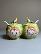 Vtg PY Japan Ceramic Anthropomorphic Condiment Jelly Jars Cabbage Face  & Spoons