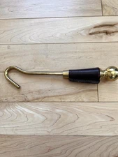Solid Brass Fireplace Flue Damper Pull Hook Leather Handle 10” Vintage