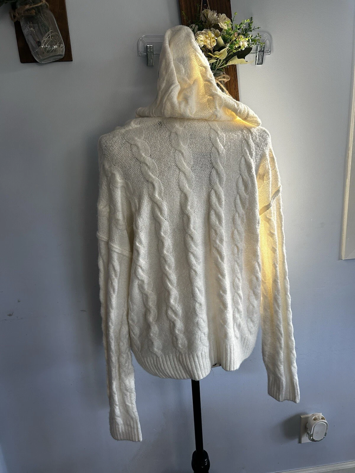 OFF WHITE So Maglione Donna Felpa Con Cappuccio Intrecciato Maglia Avorio Super Morbido Preppy Cottage M