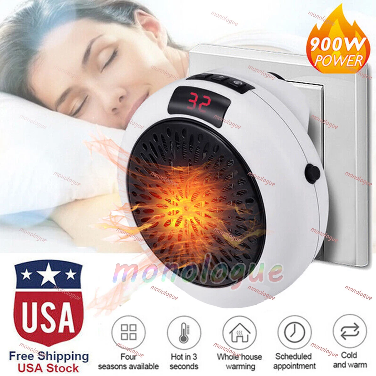 Portable Electric Space Heater Mini Adjustable Thermostat Room 900W Plug In Wall
