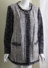 Chico's Sz 2 L Glam Tweed Long Fringe Blazer Jacket Funky Fabulous Gray