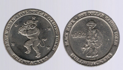 2 BULL WHACKERS 1$ CASINO SLOT TOKENS~BASEBALL BULL+ 1 ~OB~ BLACK HAWK, CO  CT55