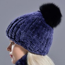 Echt Kaninchenfell Mütze Mit Bommel Damen Pompon Wintermütze Beanie Strickmütze