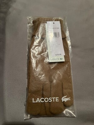 NWT LACOSTE Mens Gloves Mitten Brown 100% Wool Croc Logo RV045251SIX Knit Size L