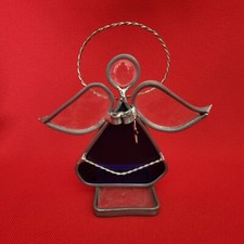 Vintage Stained Glass Free Standing Angel Holding a Star Blue Suncatcher