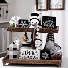 Plateau à Niveaux Noël Hiver 8 Pièces Décor Let It Panneau Neige Noir, Blanc