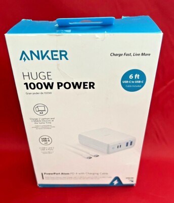 Anker PowerPort 100W USB-C PD and USB C 4 Port Cable 6ft - White - B2041J21-1