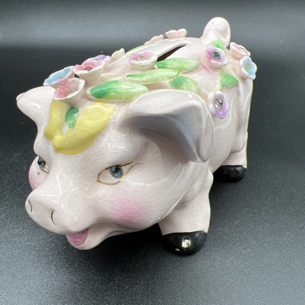 Vintage Lefton China Piggy Bank Hand Painted Applied Flowers