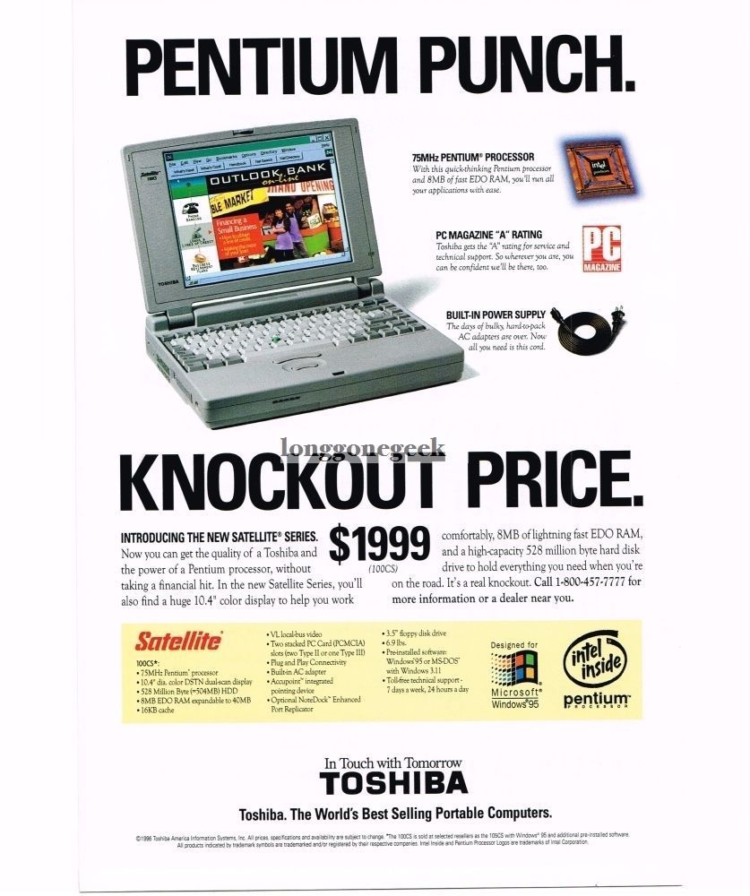 1996 TOSHIBA Satellite 100CS Portable Computer Vintage Ad 
