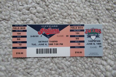 CLEVELAND INDIANS VS DETROIT TIGERS 6/6/1995 FULL TICKET ~ JUAN SAMUEL HR