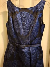 Gorgeous chic navy brocade THEIA formal cocktail dress belted sz 4 chic glamour