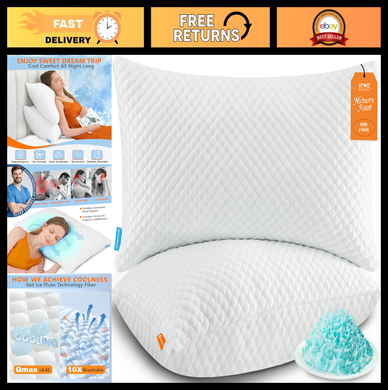 King Size Set Of 2, Adjustable Firm Bed Pillows For