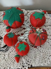 5 Vintage Pin Cushion Lot Red Fabric Tomato with Strawberries Sewing Pins