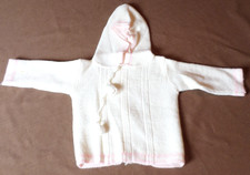 1923 Older Handmade Crochet Baby White Long Sleeve Sweater w/Hood 3-9 month