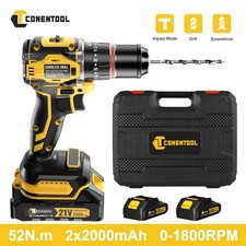 21V Brushless Heavy-Duty Impact Drill 52Nm Cordless Hammer Drill with 2 Battery
