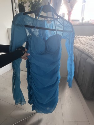 Opolly blue ruched mesh Long sleeve dress