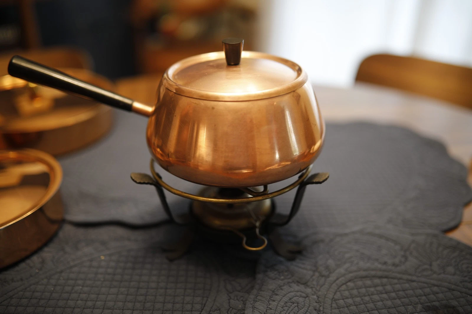Vintage Mid 20thC Modern Spring Culinox Switzerland Copper Fondue Pot Set