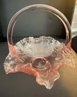 Vintage Fenton Accents Clear Pink Floral Glass Basket