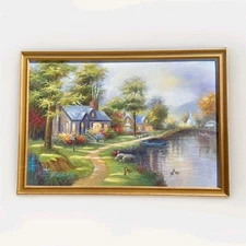 Cottage On The Lake Original Oil Painting Framed 38.5x27in C Jaffey?