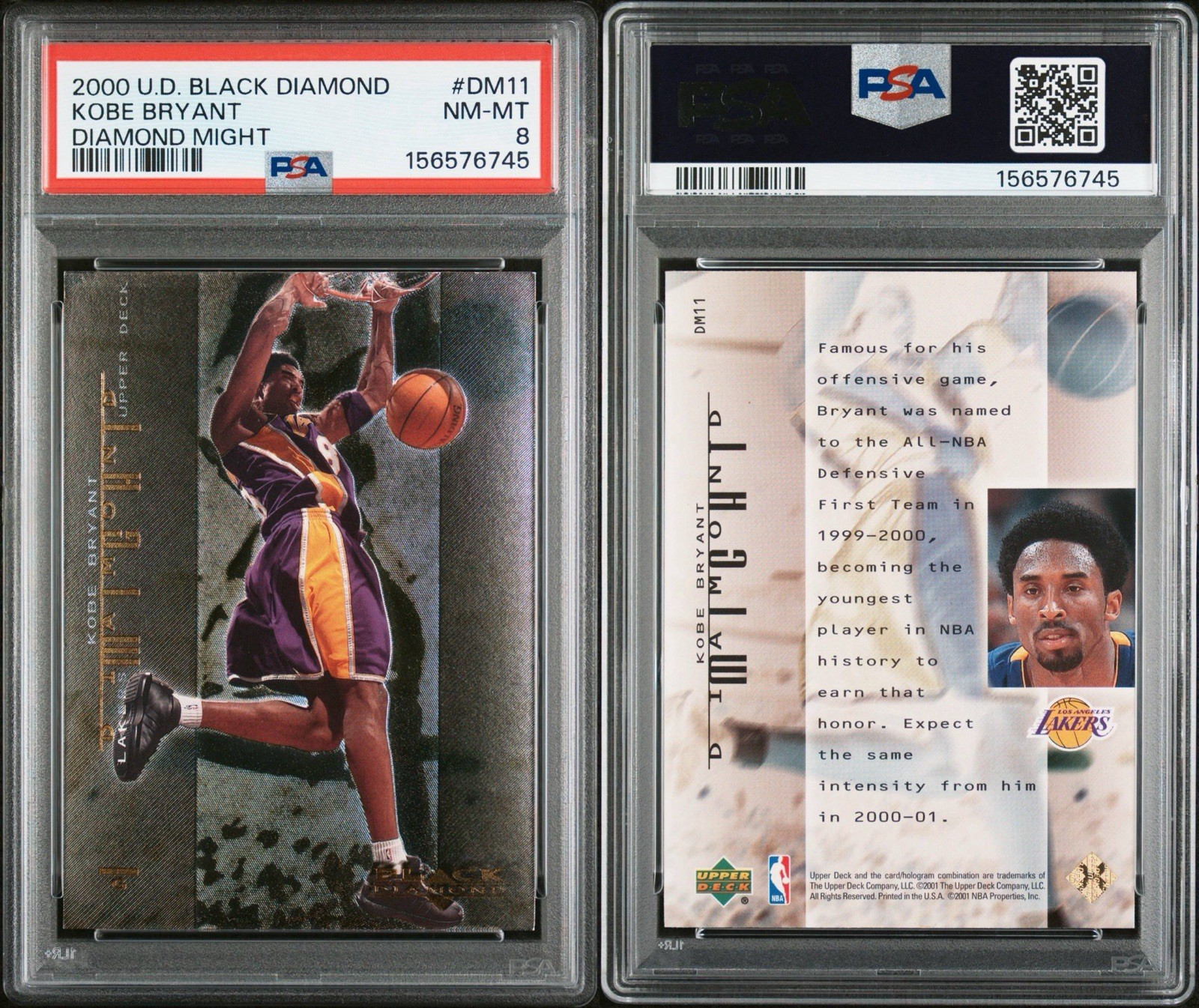 2000 UPPER DECK BLACK DIAMOND DIAMOND MIGHT #DM11 KOBE BRYANT PSA 8 view 3