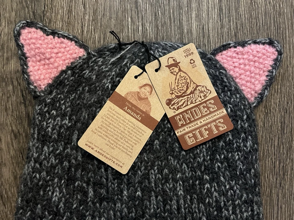 Andes справедливой торговли ручной работы новый с Ярлыками синий и розовый вязаный чулок шляпа с ушами - Изображение 2 из 4