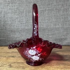 Fenton Art Glass Ruby Red Hand-Painted White Flowers Crimped Edge Basket SIGNED