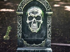Light-Up Tombstone Skull Prop Halloween Yard Decoration Graveyard Cemetery 21"