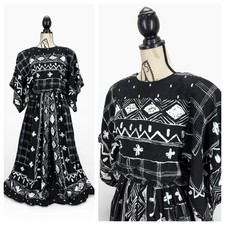 Vintage 80s Choon California Black White Maxi Dress Abstract Shoulder Pads Sz 14
