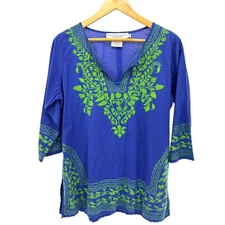 Gretchen Scott Designs Embroidered Tunic Top Womens M Blue Green 3/4 Sleeve