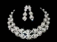 LUXURY FAUX PEARL AUSTRIAN RHIESTONE CRYSTAL NECKLACE EARRINGS SET BRIDAL N1255