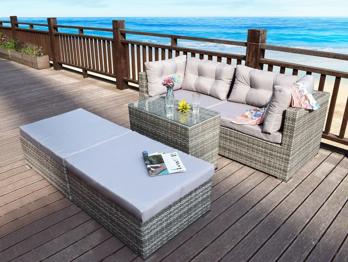 RATTAN GARDEN WICKER OUTDOOR SUN LOUNGER SOFA FURNITURE SET CUBE