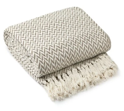 EMMA BARCLAY 100% Cotton Herringbone Throw Natural Taupe Fringe Tassel Sofa Bed Chair Blanket