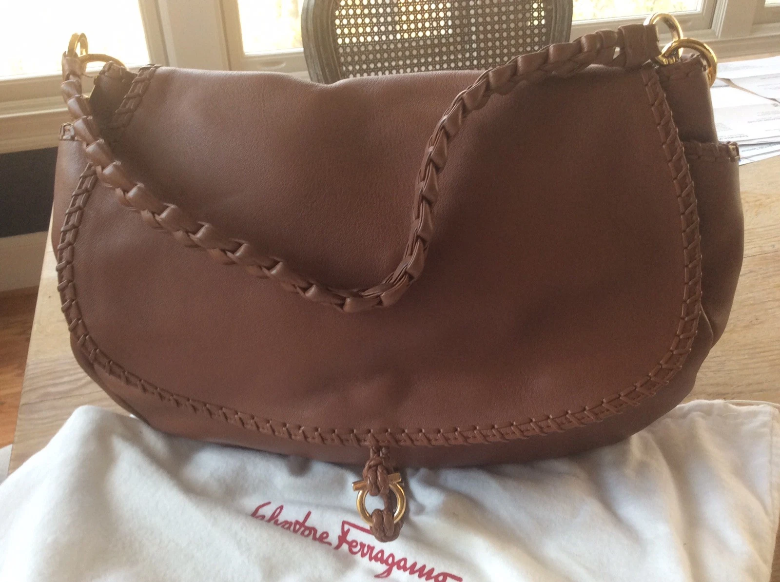 Ferragamo — Salvatore Ferragamo Braided Strap Shoulder Lorelle Bag Camel Brown Retails $1550