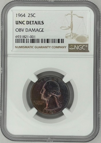 Rainbow-Toned 1964 Washington Silver Quarter, NGC Unc. Details, Obv. Damage - 第 1/4 張圖片