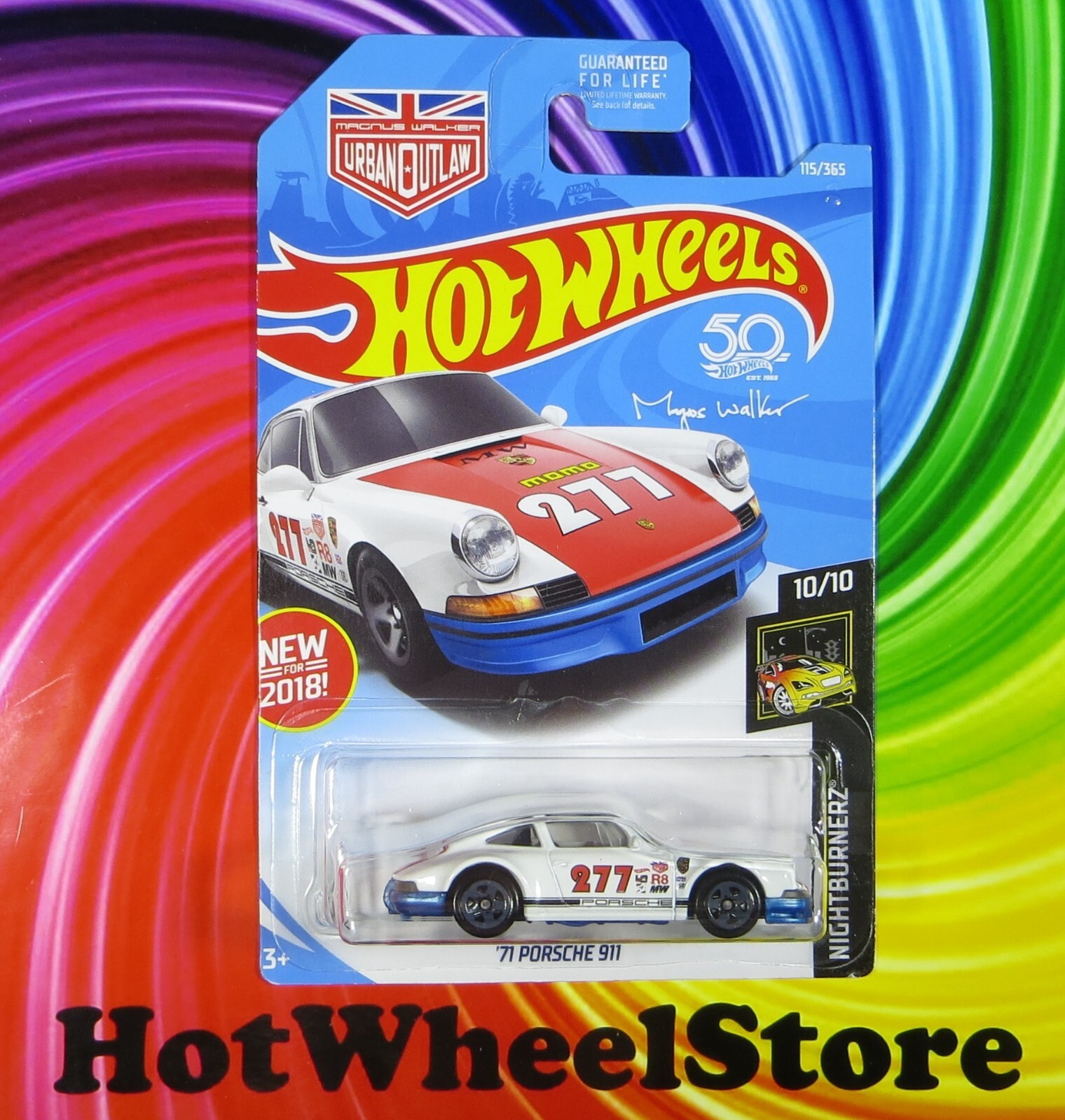 2018  Hot Wheels   White   '71 PORSCHE 911   Nightburnerz Card #115  HW68-040624