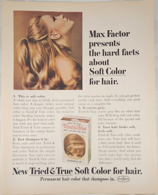 1967 Max Factor Tried And True soft color for hair Vintage Ad 14'' x 10''