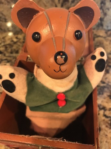 vintage wooden musical wind up pop up bear in the box toy jack