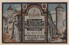 1 MARK 1921 City of ROTHENBURG OB DER TAUBER Bavaria UNC GERMANY #PH956.U