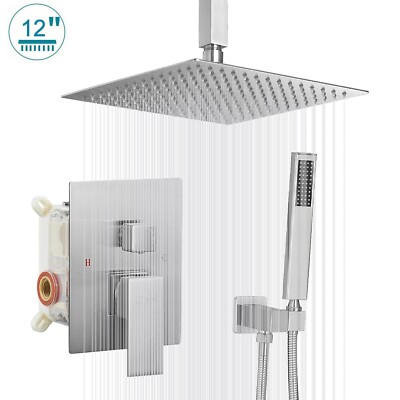 Brushed Nickel Shower Faucet Set 12'' Rainfall Shower Head Combo with Mixer Valve