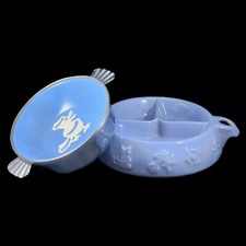 Vintage Baby Warming Dish 2pc Set 1950s MCM Boy Light Blue Ducks Divided Bowls