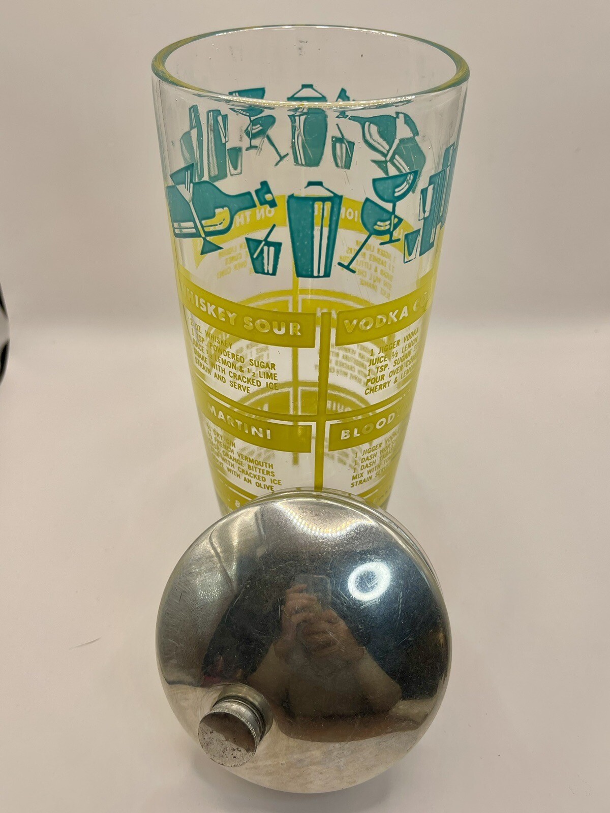 Vintage 9" Atlas Glass Cocktail Shaker Mixer MCM 12 Recipes Metal Lid